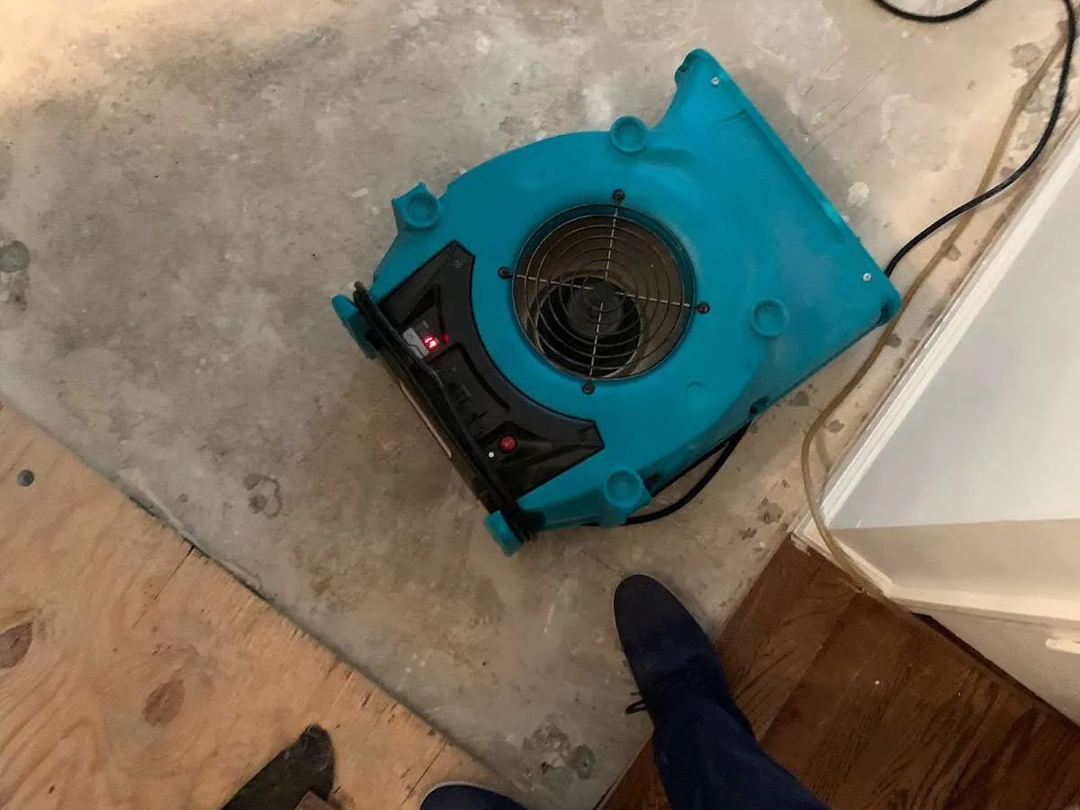 Air mover drying subfloor during Leak Detection & Repair in Peninsula